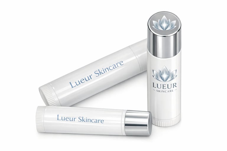 Three white skincare products from Lueur Skincare brand with silver metallic accents and caps arranged on white background