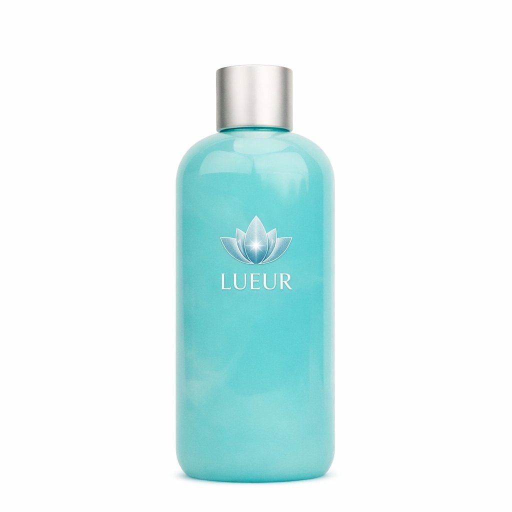 Turquoise LUEUR beauty bottle with silver lotus logo and metallic cap on white background