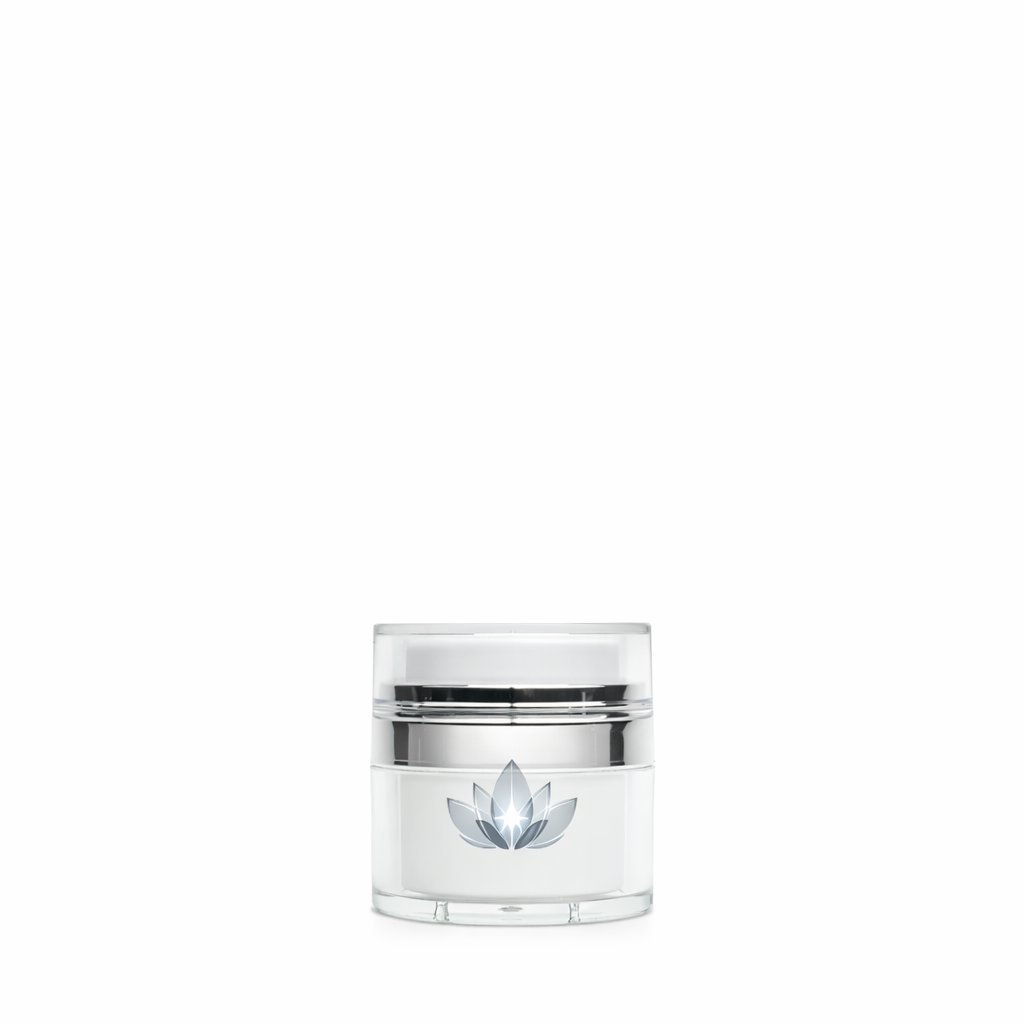 Clear cosmetic jar with silver band and lid, featuring a blue lotus flower design on front
