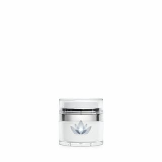 Clear cosmetic jar with silver band and lid, featuring a blue lotus flower design on front