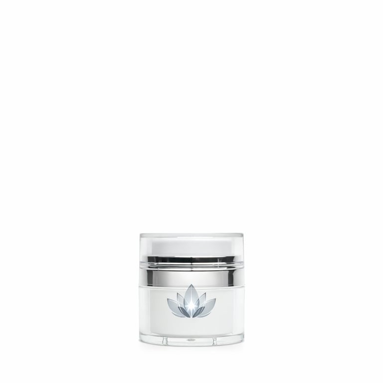 Clear cosmetic jar with silver band and lid, featuring a blue lotus flower design on front