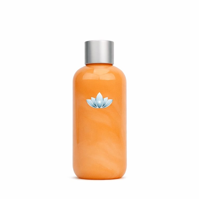 Orange bottle with silver cap and white lotus flower logo