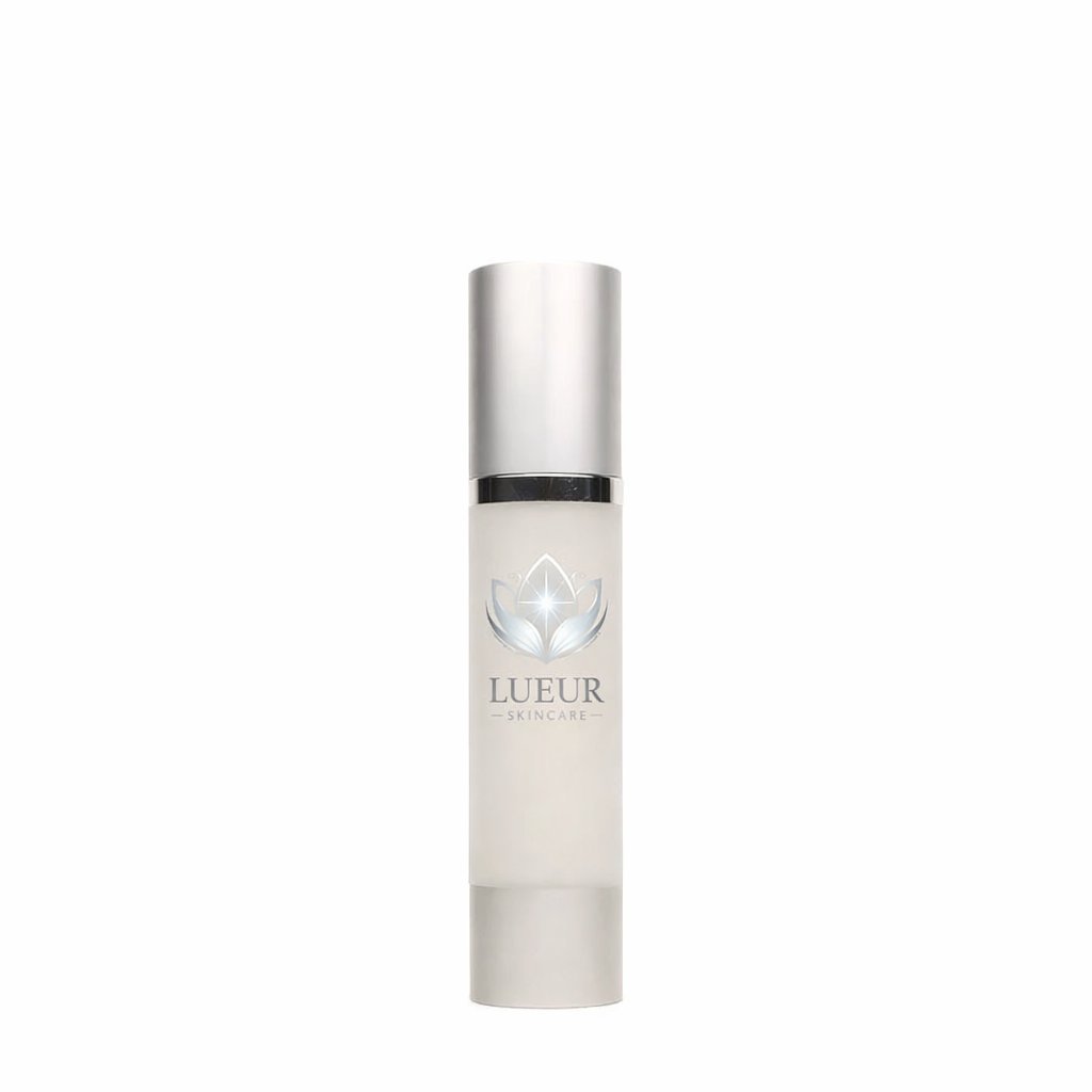 LUEUR skincare serum in white cylindrical bottle with silver metallic cap and lotus logo label