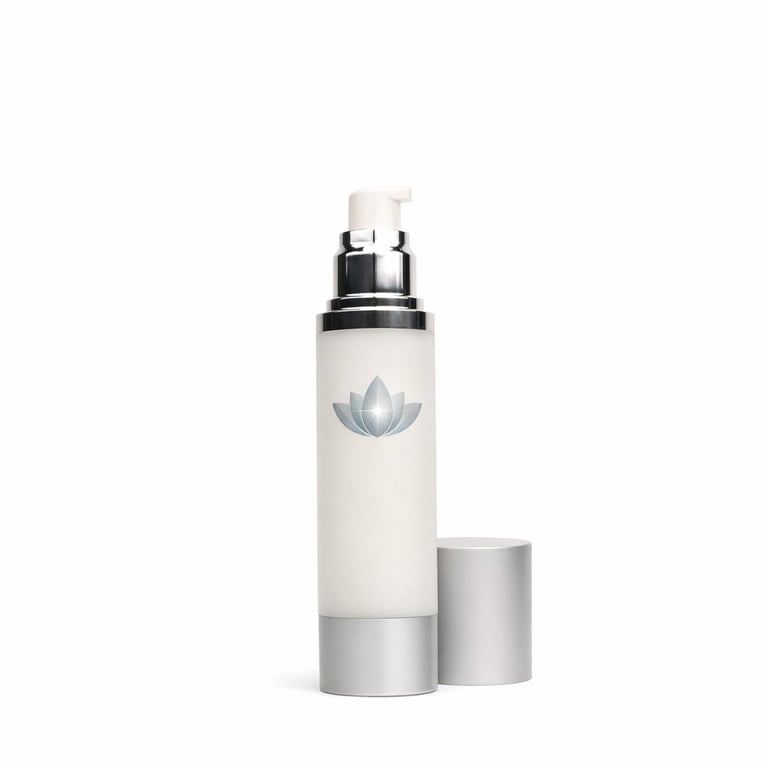 White airless pump bottle with silver lotus flower logo and matching metallic cap on white background