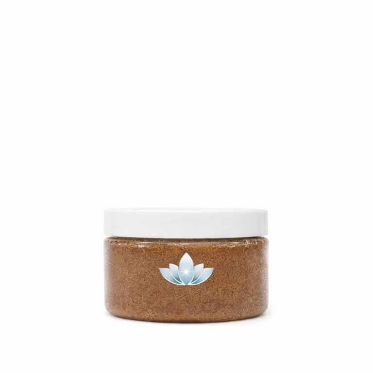 Cork jar with white lid featuring white lotus flower logo on front