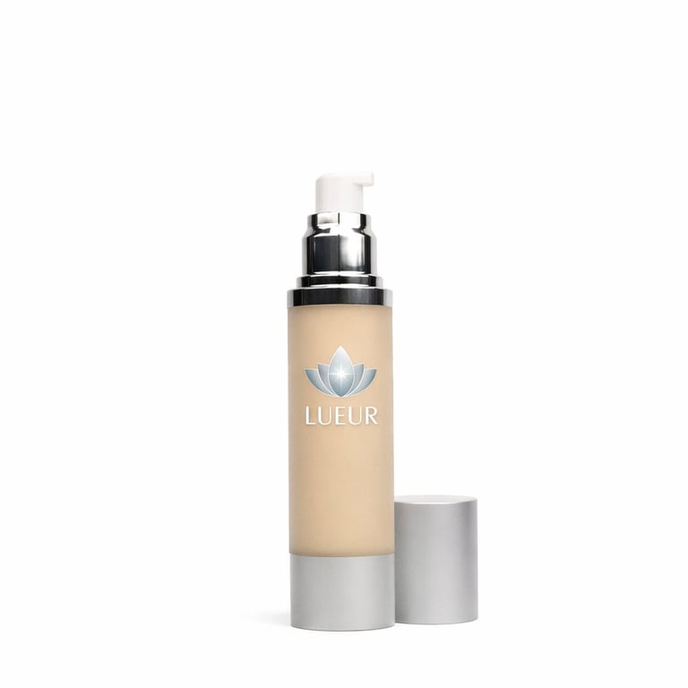 LUEUR skincare product in white cylindrical bottle with silver pump and lotus flower logo on white background