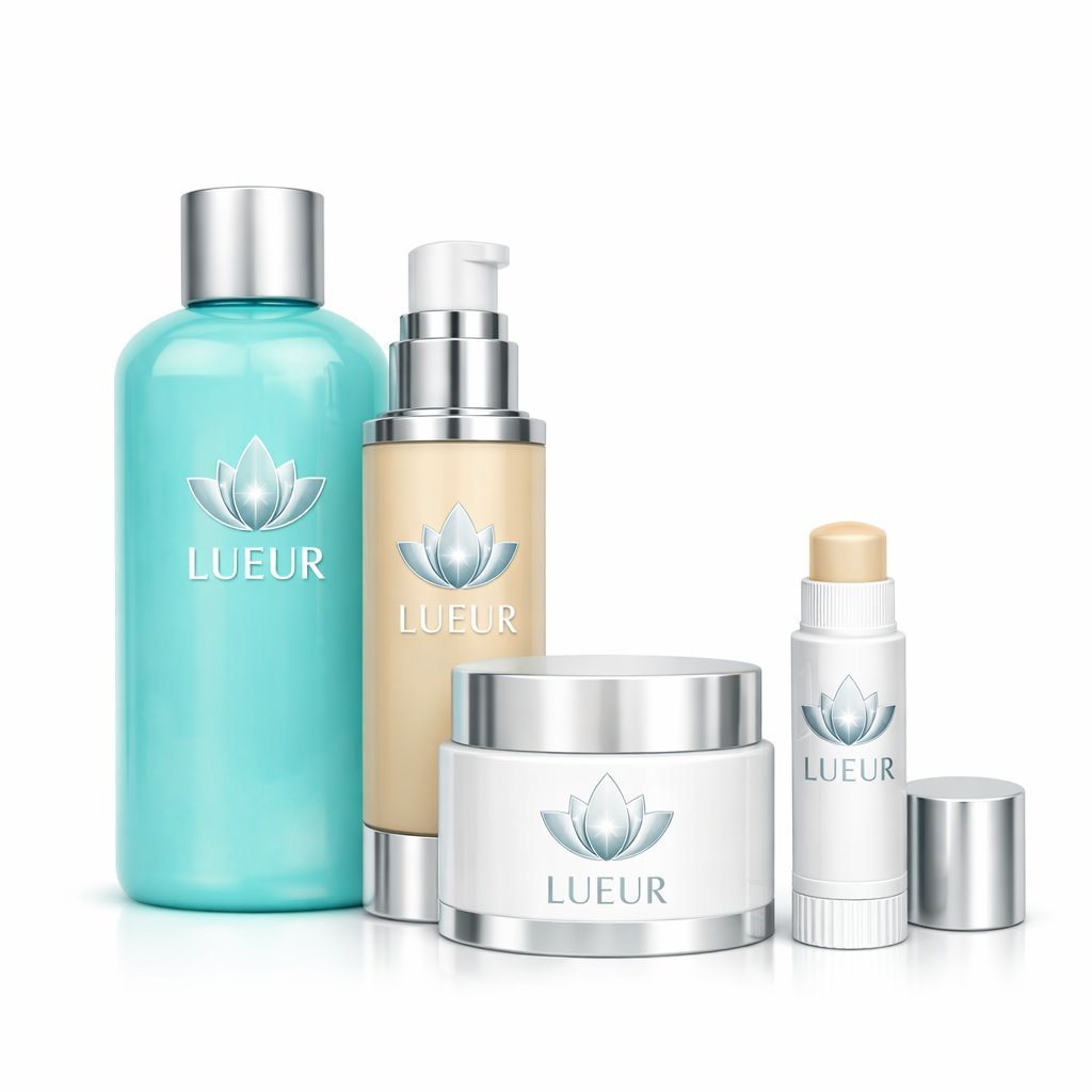 Lueur skincare product collection featuring turquoise toner, beige serum, white cream, and lip balm with lotus logo
