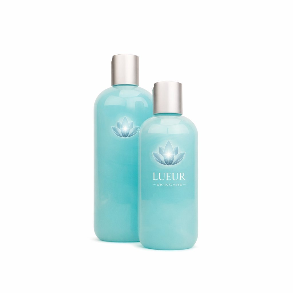 Two turquoise cosmetic bottles with silver caps and lotus flower logo, labeled Lueur, displayed against white background