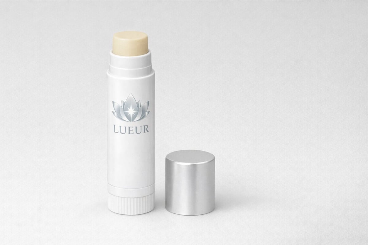 White cosmetic stick labeled Lueur with cream-colored cap and silver cylindrical lid on neutral background