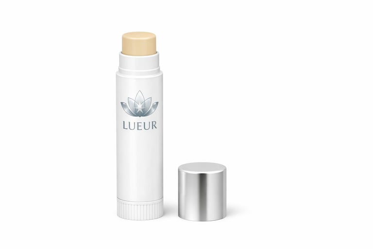 White lip balm stick labeled Lueur with lotus flower logo and metallic silver cap beside it